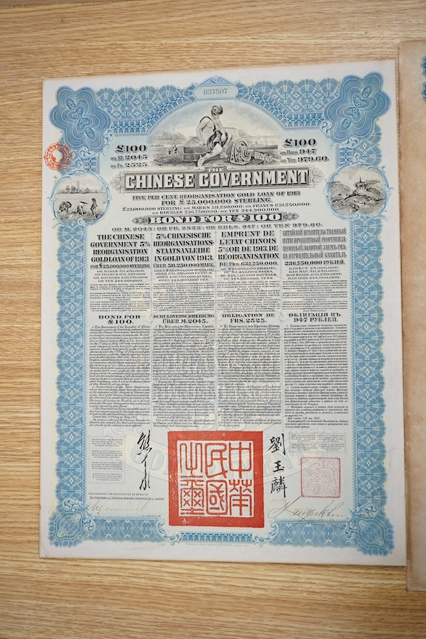 A Chinese Government £100 share bond, 1913 and a New Russia Company Ltd £100 debenture. Condition- fair